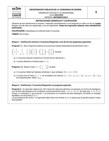 Examen de Matemáticas II (EvAU de 2025)
