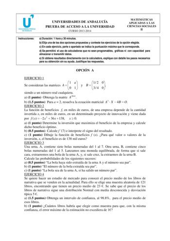 Examen de Matemáticas Aplicadas a las Ciencias Sociales (PAU de 2014)