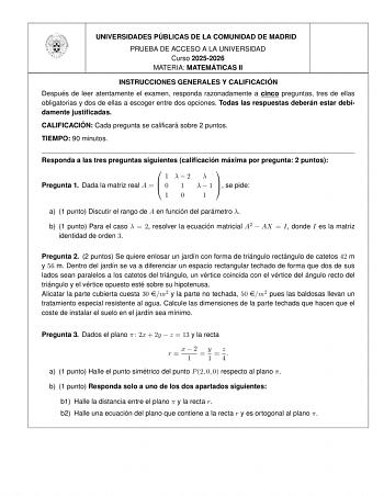 Matemáticas II – EvAU Comunidad de Madrid (2026)