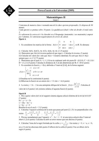 Examen de Matemáticas II (selectividad de 2009)