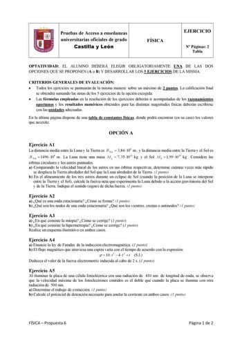 Pruebas de Acceso a enseñanzas universitarias oficiales de grado Castilla y León FÍSICA EJERCICIO N Páginas 2 Tabla OPTATIVIDAD EL ALUMNO DEBERÁ ELEGIR OBLIGATORIAMENTE UNA DE LAS DOS OPCIONES QUE SE PROPONEN A o B Y DESARROLLAR LOS 5 EJERCICIOS DE LA MISMA CRITERIOS GENERALES DE EVALUACIÓN  Todos los ejercicios se puntuarán de la misma manera sobre un máximo de 2 puntos La calificación final se obtendrá sumando las notas de los 5 ejercicios de la opción escogida  Las fórmulas empleadas en la r…