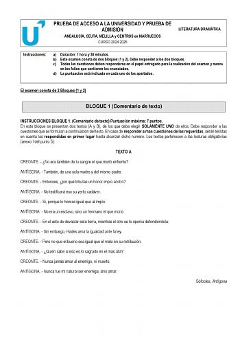 Examen de Literatura Dramática (PEvAU de 2025)