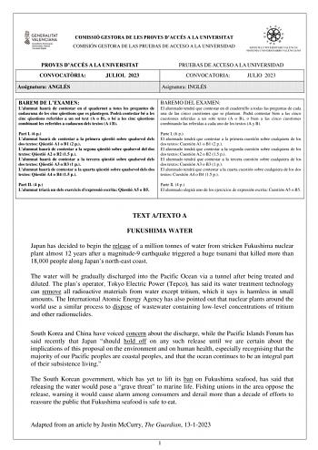 COMISSIÓ GESTORA DE LES PROVES DACCÉS A LA UNIVERSITAT COMISIÓN GESTORA DE LAS PRUEBAS DE ACCESO A LA UNIVERSIDAD PROVES DACCÉS A LA UNIVERSITAT CONVOCATRIA JULIOL 2023 Assignatura ANGLÉS PRUEBAS DE ACCESO A LA UNIVERSIDAD CONVOCATORIA JULIO 2023 Asignatura INGLÉS BAREM DE LEXAMEN Lalumnat haur de contestar en el quadernet a totes les preguntes de cadascuna de les cinc qestions que es plantegen Podr contestar bé a les cinc qestions referides a un sol text A o B o bé a les cinc qestions combinan…