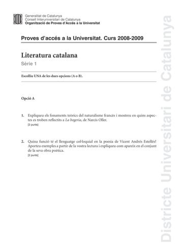 Examen de Literatura Catalana (selectividad de 2009)