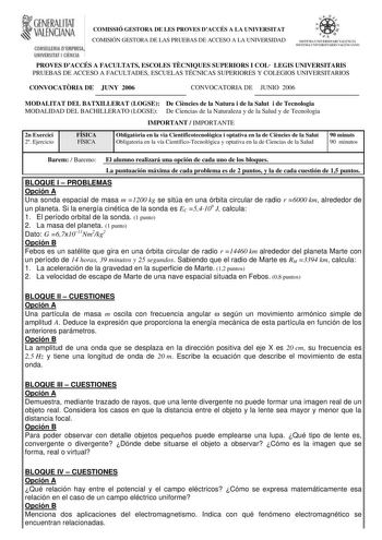 ti GENERA ITAT VALBNCIANA COMISSIÓ GESTORA DE LES PROVES DACCÉS A LA UNIVERSITAT COMISIÓN GESTORA DE LAS PRUEBAS DE ACCESO A LA UNIVERSIDAD CONSEWIJA DSMPliES UN YiRSl1Al I CltClill PROVES DACCÉS A FACULTATS ESCOLES TCNIQUES SUPERIORS I COL LEGIS UNIVERSITARIS PRUEBAS DE ACCESO A FACULTADES ESCUELAS TÉCNICAS SUPERIORES Y COLEGIOS UNIVERSITARIOS CONVOCATRIA DE JUNY 2006 CONVOCATORIA DE JUNIO 2006 MODALITAT DEL BATXILLERAT LOGSE De Cincies de la Natura i de la Salut i de Tecnologia MODALIDAD DEL …