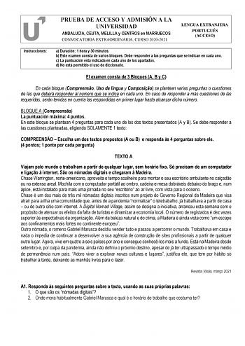 Examen de Portugués (PEvAU de 2021)