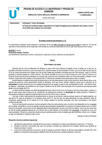 Examen de Lengua Castellana y Literatura (PEvAU de 2025)