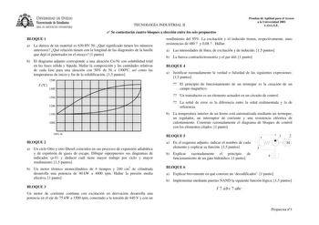 UNIVERSIDAD DE VIEDO Vicerrectorado de Estudiantes ÁREA DE ORIENTACIÓN UNIVERSITARIA TECNOLOGÍA INDUSTRIAL II  Se contestarán cuatro bloques a elección entre los seis propuestos Pruebas de Aptitud para el Acceso a la Universidad 2001 LOGSE BLOQUE 1 a La dureza de un material es 630 HV 50 Qué significado tienen los números anteriores Qué relación tienen con la longitud de las diagonales de la huella que dejó el penetrador en el ensayo 1 punto b El diagrama adjunto corresponde a una aleación CuNi…