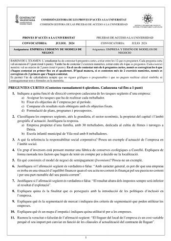Examen de Empresa y Diseño de Modelos de Negocio (PAU de 2024)