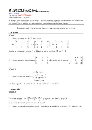 Examen de Matemáticas II (selectividad de 2008)