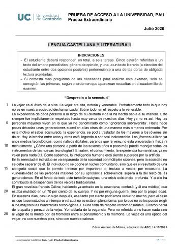 Lengua Castellana y Literatura – EBAU Cantabria (2026)