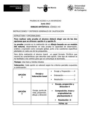 UNIVERSIDAD DE 11 MURCIA 11 Ih Región de Murcia Universidad Politécnica de Cartagena PRUEBAS DE ACCESO A LA UNIVERSIDAD Junio 2012 DIBUJO ARTÍSTICO CÓDIGO 143 INSTRUCCIONES Y CRITERIOS GENERALES DE CALIFICACIÓN ESTRUCTURA Y OPCIONALIDAD Para realizar esta prueba el alumno deberá elegir una de las dos opciones que se ofrecen opción A y opción B La prueba consiste en la realización de un dibujo basado en un modelo del natural desarrollando en esta prueba la capacidad de observación análisis y exp…