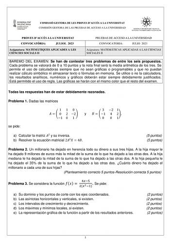 Examen de Matemáticas Aplicadas a las Ciencias Sociales (PAU de 2023)