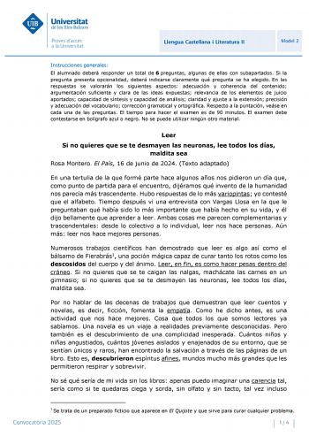 Examen de Lengua Castellana y Literatura (PBAU de 2025)