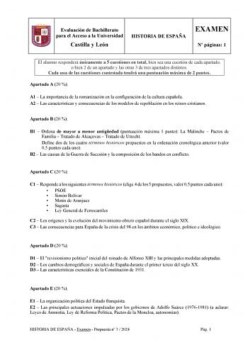 Examen de Historia de España (EBAU de 2024)