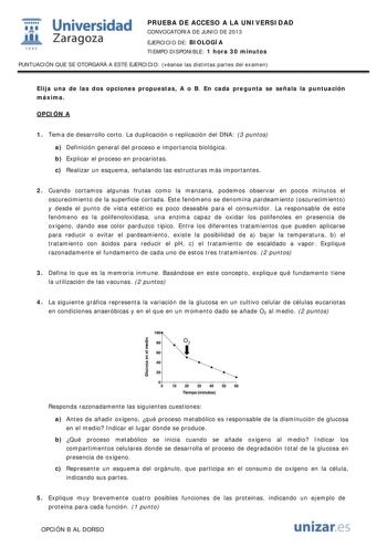 1 Universidad fil Zaragoza 1542 PRUEBA DE ACCESO A LA UNIVERSIDAD CONVOCATORIA DE JUNIO DE 2013 EJERCICIO DE BIOLOGÍA TIEMPO DISPONIBLE 1 hora 30 minutos PUNTUACIÓN QUE SE OTORGARÁ A ESTE EJERCICIO véanse las distintas partes del examen Elija una de las dos opciones propuestas A o B En cada pregunta se señala la puntuación máxima OPCIÓN A 1 Tema de desarrollo corto La duplicación o replicación del DNA 3 puntos a Definición general del proceso e importancia biológica b Explicar el proceso en pro…