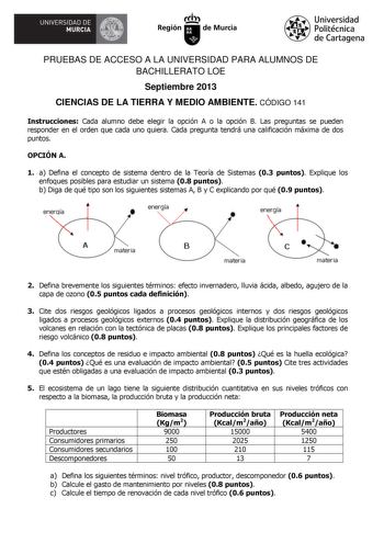 Examen de Ciencias de la Tierra y Medioambientales (PAU de 2013)