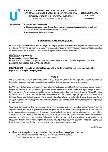 Examen de Portugués (PEvAU de 2022)