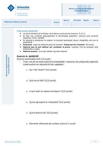 Examen de Historia de la Música y de la Danza (PBAU de 2025)
