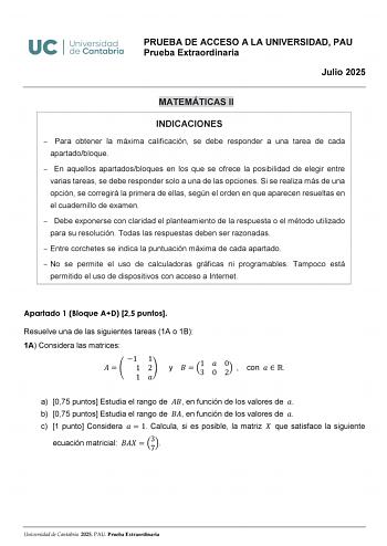 Examen de Matemáticas II (EBAU de 2025)