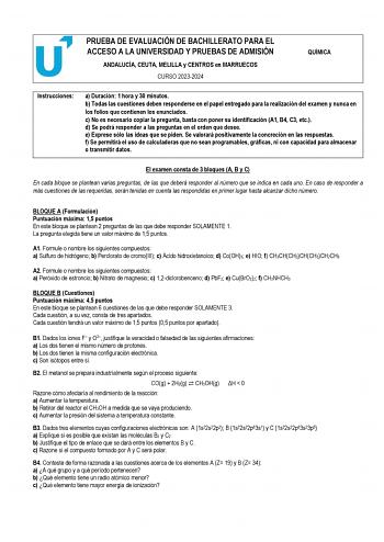 Examen de Química (PEvAU de 2024)