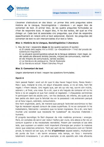 Examen de Lengua Catalana y Literatura (PBAU de 2021)