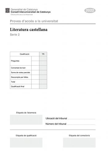 Examen de Literatura Castellana (PAU de 2022)