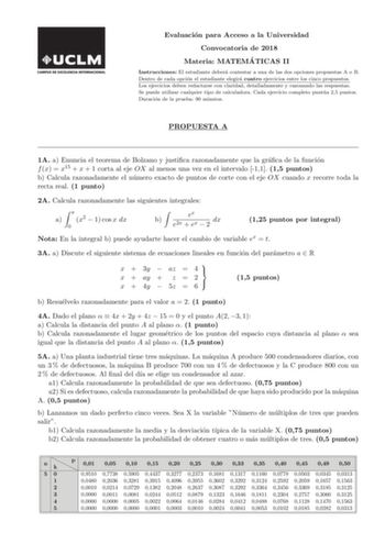Examen de Matemáticas II (EvAU de 2018)