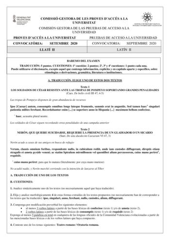 Examen de Latín II (PAU de 2020)