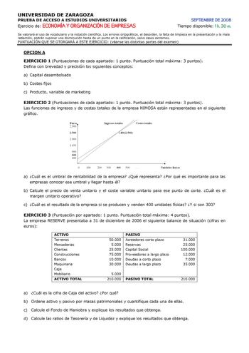 UNIVERSIDAD DE ZARAGOZA PRUEBA DE ACCESO A ESTUDIOS UNIVERSITARIOS Ejercicio de ECONOMÍA Y ORGANIZACIÓN DE EMPRESAS SEPTIEMBRE DE 2008 Tiempo disponible 1 h 30 m Se valorará el uso de vocabulario y la notación científica Los errores ortográficos el desorden la falta de limpieza en la presentación y la mala redacción podrán suponer una disminución hasta de un punto en la calificación salvo casos extremos PUNTUACIÓN QUE SE OTORGARÁ A ESTE EJERCICIO véanse las distintas partes del examen OPCION A …