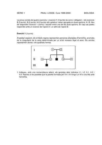 SRIE 1 PAAU LOGSE Curs 19992000 BIOLOGIA La prova consta de quatre exercicis Lexercici 1 3 punts és comú i obligatori i els exercicis 2 3 punts 3 2 punts i 4 2 punts són optatius i estan agrupats en dues opcions A i B Heu de respondre lexercici 1 comú i escollir entre una de les dues opcions En cap cas podeu respondre amb un exercici de lopció A i un altre de lopció B Exercici 1 3 punts Al pedigrí segent els símbols negres representen persones afectades dhemofília anomalia de la coagulació de l…