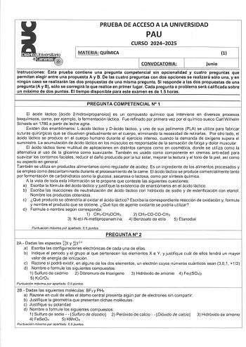 Examen de Química (EBAU de 2025)