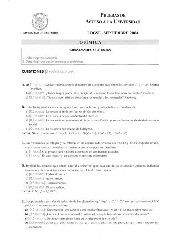 Examen de Química (selectividad de 2004)