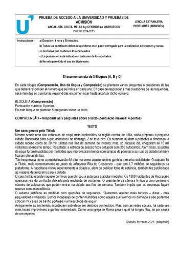 Examen de Portugués (PEvAU de 2025)