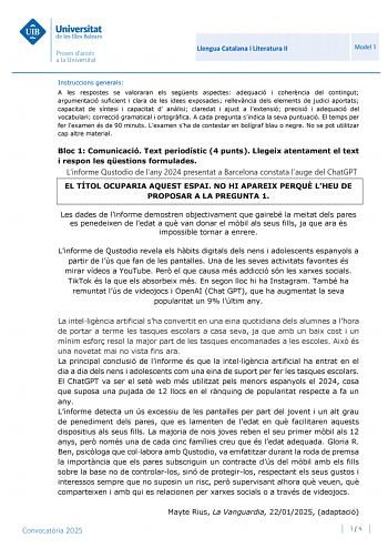 Examen de Lengua Catalana y Literatura (PBAU de 2025)