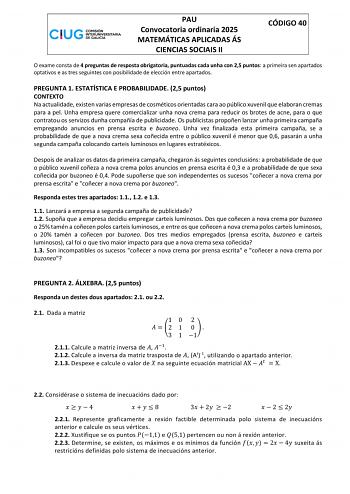 Examen de Matemáticas Aplicadas a las Ciencias Sociales (ABAU de 2025)