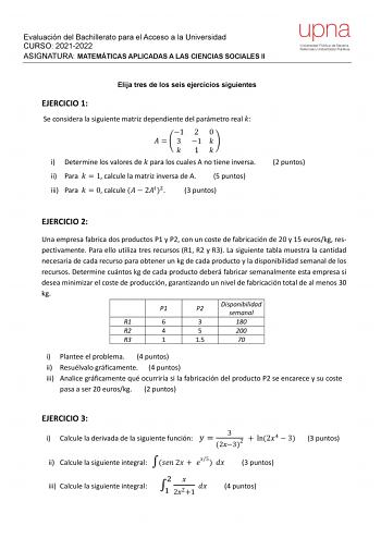 Examen de Matemáticas Aplicadas a las Ciencias Sociales (EvAU de 2022)