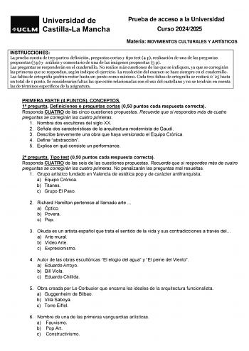 Examen de Movimientos Culturales y Artísticos (EvAU de 2025)