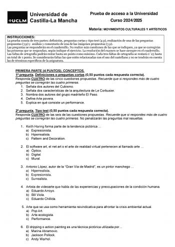 Examen de Movimientos Culturales y Artísticos (EvAU de 2025)