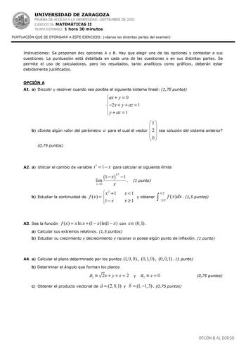 Examen de Matemáticas II (PAU de 2010)