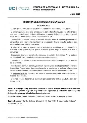 Examen de Historia de la Música y de la Danza (EBAU de 2025)