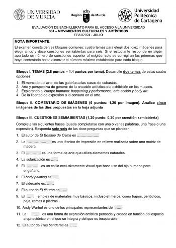 Examen de Movimientos Culturales y Artísticos (EBAU de 2024)