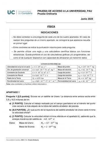 Examen de Física (EBAU de 2025)