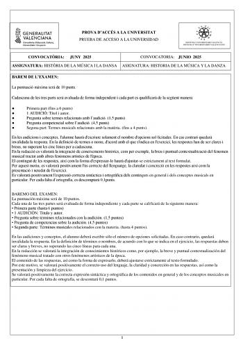 Examen de Historia de la Música y de la Danza (PAU de 2025)