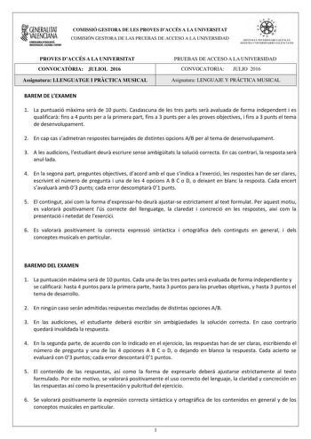 1GENERALITAT  VALENCIANA CONSELLERIADEDUCACIÓ INVESTIGACIO CULTURA I ISlOtT COMISSIÓ GESTORA DE LES PROVES DACCÉS A LA UNIVERSITAT COMISIÓN GESTORA DE LAS PRUEBAS DE ACCESO A LA UNIVERSIDAD ooe   1fl  SISTEIVL UNIVERSITARI VALEKCIA SISTEIA LNIVJRSIT4RIO VALECIA0 PROVES DACCÉS A LA UNIVERSITAT CONVOCATRIA JULIOL 2016 Assignatura LLENGUATGE I PRCTICA MUSICAL PRUEBAS DE ACCESO A LA UNIVERSIDAD CONVOCATORIA JULIO 2016 Asignatura LENGUAJE Y PRÁCTICA MUSICAL BAREM DE LEXAMEN 1 La puntuació mxima ser …