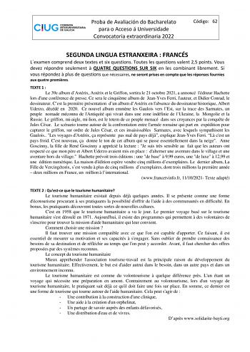 Proba de Avaliación do Bacharelato para o Acceso á Universidade Convocatoria extraordinaria 2022 Código 62 SEGUNDA LINGUA ESTRANXEIRA  FRANCÉS Lexamen comprend deux textes et six questions Toutes les questions valent 25 points Vous devez répondre seulement  QUATRE QUESTIONS SUR SIX en les combinant librement Si vous répondez  plus de questions que nécessaires ne seront prises en compte que les réponses fournies aux quatre premires TEXTE 1  Le 39e album dAstérix Astérix et le Griffon sortira le …