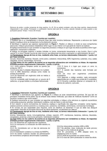 CiUG COMISIÓ INTERUNIVER TARJA DE GAL IA PAU SETEMBRO 2011 Código 21 BIOLOXÍA Estrutura da proba a proba componse de dúas opcións A e B Só se poderá contestar unha das dúas opcións desenvolvendo integramente o seu contido Puntuación a cualificación máxima total será de 10 puntos estando indicada en cada cuestión a súa puntuación parcial Tempo 1 hora e 30 minutos OPCIÓN A 1 Cuestións Valoración 8 puntos 2 puntos por cuestión 1 Explique qué é un triacilglicérido e comente dúas das súas funcións b…