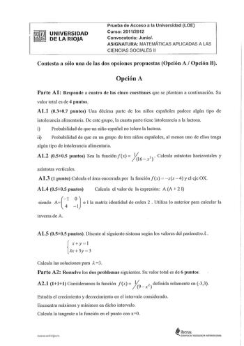 Examen de Matemáticas Aplicadas a las Ciencias Sociales (PAU de 2012)