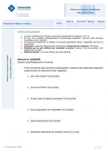 Examen de Historia de la Música y de la Danza (PBAU de 2025)