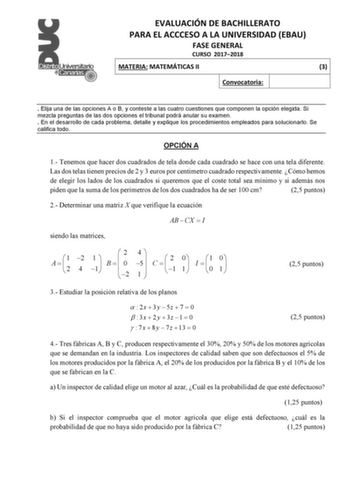 Examen de Matemáticas II (EBAU de 2018)